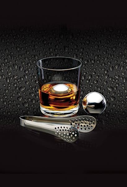 Image of Barcraft Ice Ball Set for thinKitchen:, Premium Stainless Steel, Pack of 2 Reusable Ice Cubes with Tongs & Velvet Storage Bag - Silver Finish