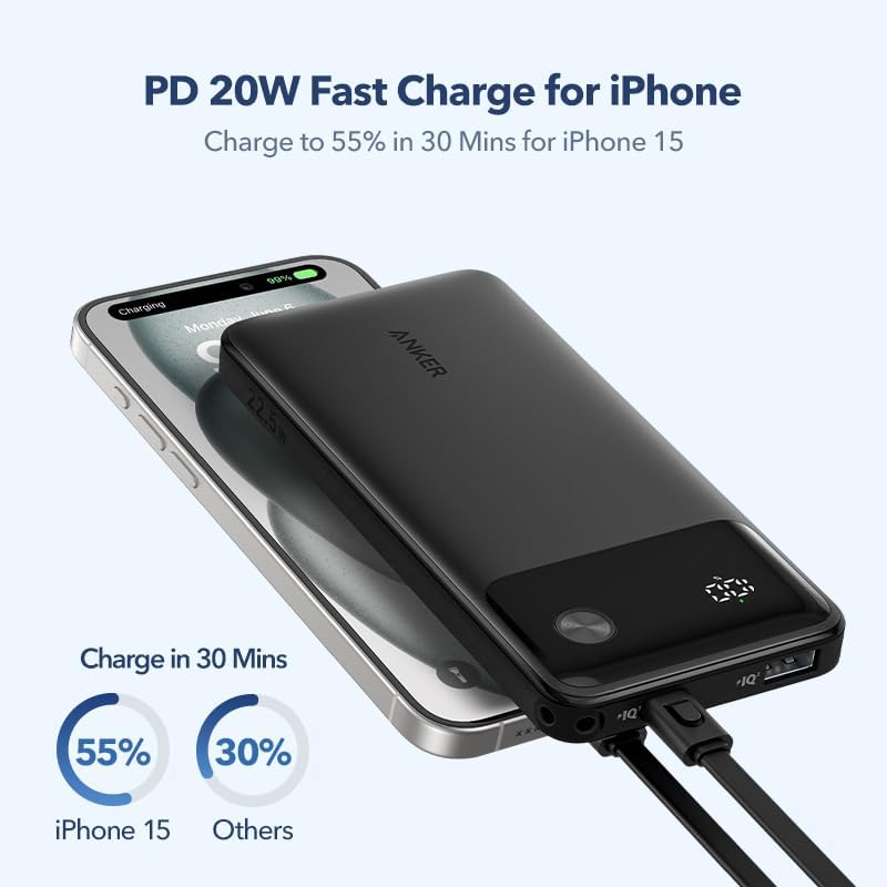 Anker Power Bank fast charging an iPhone 15