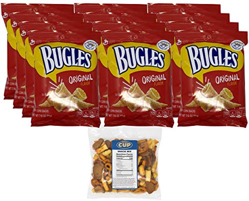 Bugles Snack Size, Original Flavor, .87 oz Bags (Pack of 12) with By The Cup Snack Mix