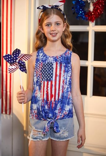 Image of July 4th Girls Patriotic Sleeveless Tie Knot Front Tank Top Stars Stripes Tee Shirt 4-14 Years