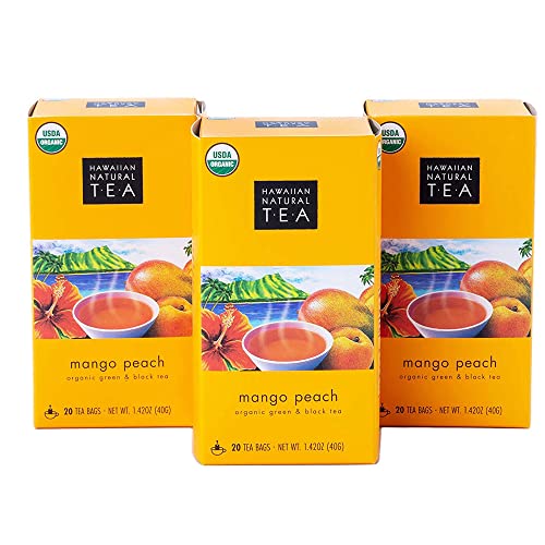 Image of Hawaiian Natural Tea Organic Mango Peach Green & Black Tea Bags, 60 Count | USDA Organic - 100% Plastic-Free - Perfect Hot or Iced - Low Caffeine - Non-GMO, Gluten-Free, Keto, Vegan, Kosher