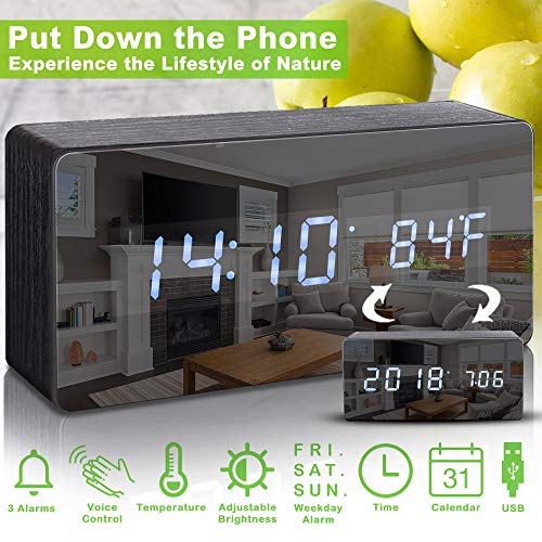 Digital Alarm Clock, LED Wooden Desk Alarm Clock for Kids with Adjustable Brightness, Voice Control Clock with 3 Alarm Sets & Temperature Date LED Display for Travel Bedroom and Office