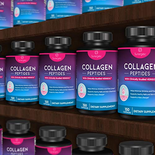 Image of Sunergetic Premium Collagen Peptides Capsules - 2500 mg of VERISOL Collagen Peptides Type 1 & Type 3 - Multi Collagen Supplement to Support Joint Health, Hair, Skin & Nails - 150 Collagen Capsules