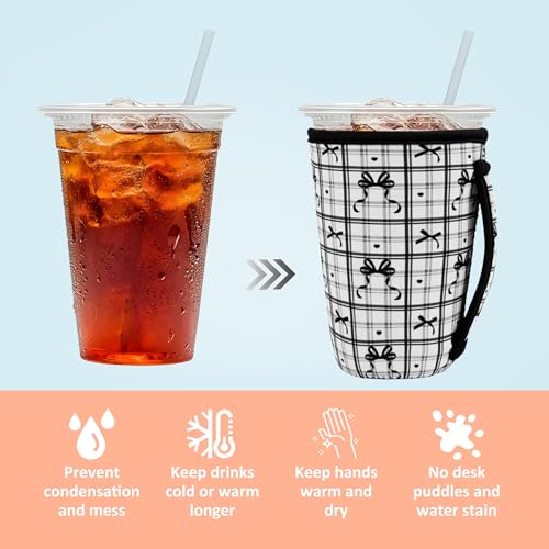 Image of KJQJLY 3 Pack Reusable Iced Coffee Sleeves for Iced Coffee Cups or Drinks Reusable Neoprene Insulated Sleeves for Hot and Cold Drinks from Starbucks, Dunkin, And More (Black Bow)
