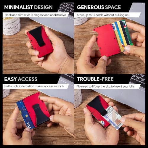 Image of Minimalist Wallet for Men, Slim Metal RFID Blocking Wallet Credit Card Holder Money Clip & Cash Strap, Scratch-Resistant Holds 15 Cards,Ideal Gift for Men | Matt Red