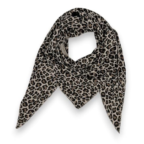 Damen Musselin Tuch Baumwolle Leo Print 195x72 cm Made in Italy (Beige-Braun)