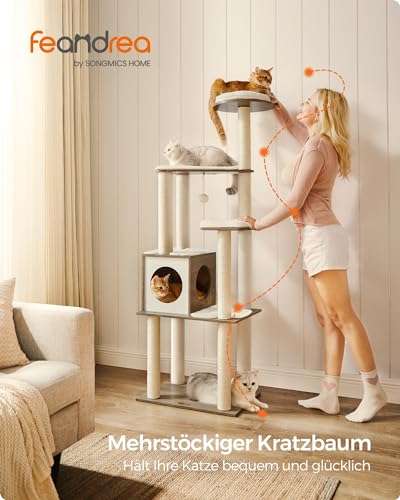 Feandrea Kratzbaum, 165 cm hoher moderner Katzenbaum, Katzenhaus mit 5 Kratzsäulen, waschbare abnehmbare Kissen, Plattform, Katzenhöhle, Katzenmöbel für Wohnungskatzen, Greige PCT166G01 – Bild 4