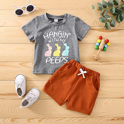 Image of BeQeuewll Toddler Baby Boy Easter Outfit Letter Bunny Print Short Sleeve T-Shirt and Shorts Summer Clothes Set
