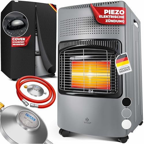 KESSER® 4200 Watt Keramik Gasheizer inkl. Gasdruckregler Gasschlauch + Schutzhülle - Gasheizofen, Heizstrahler Gasheizgerät, Infrarot Keramikbrenner, Butan- oder Propangasflaschen bis 15kg, Grau