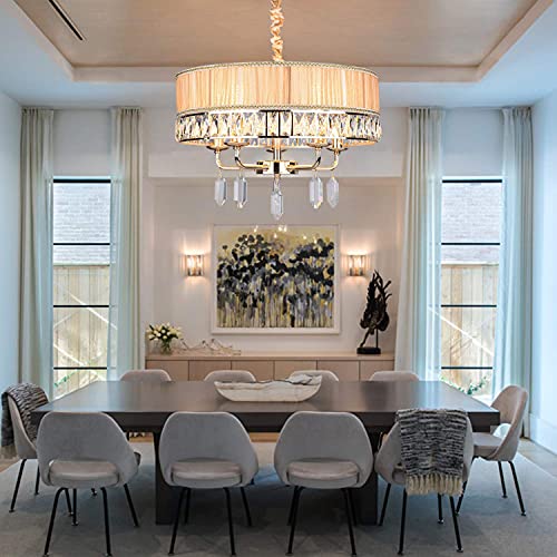 Up To 40% OFF APBEAMLighting Drum Crystal Chandelier Gold Raindrop Pendant Light Fixture Dimmable with Adjustable Chain Round Lampshade for Living Room Dining Room 4 Lights