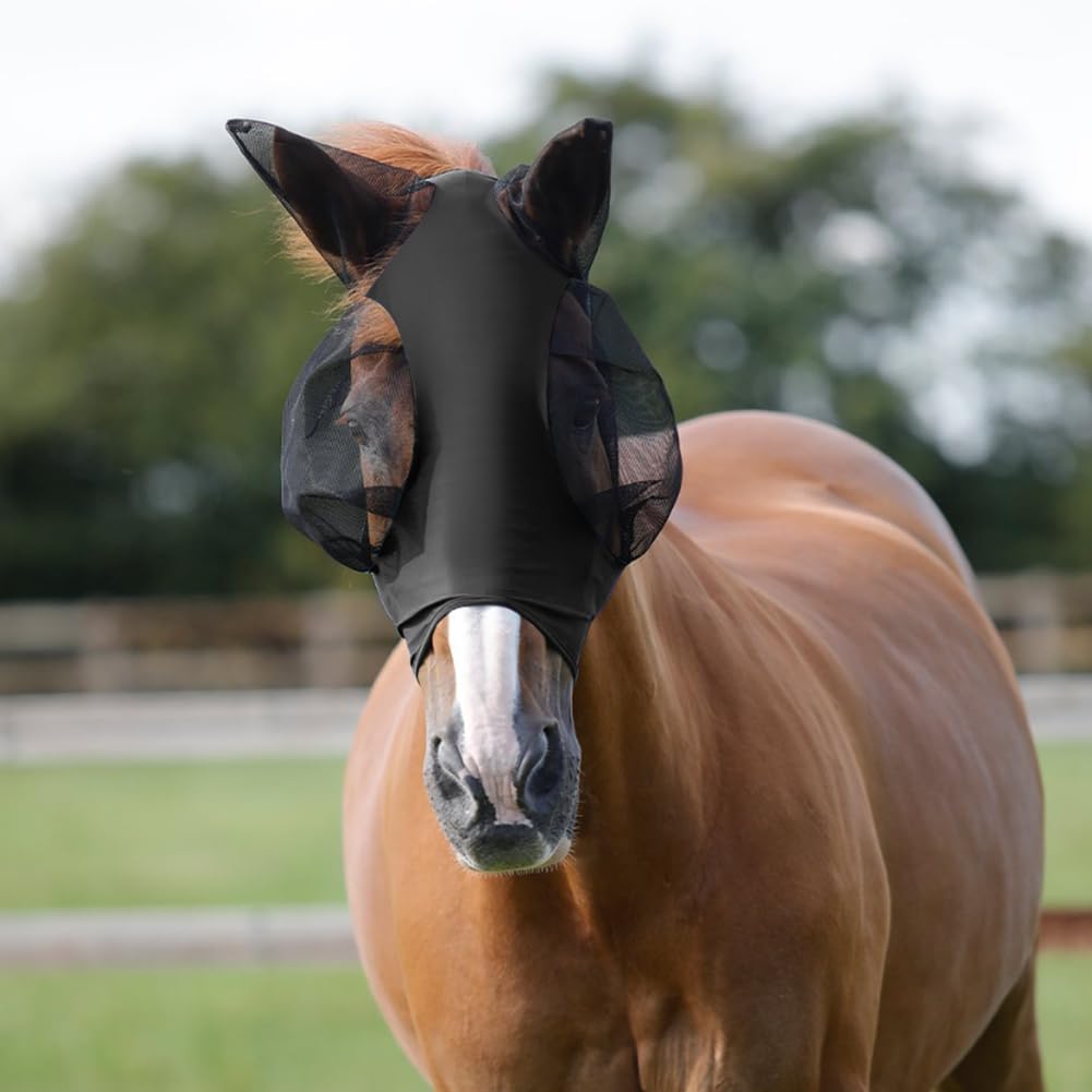 Adiwo Máscara Antimoscas para Caballos, 1PCS Máscara de Mosca de Caballo con Orejeras,Negro Máscaras Faciales para Caballos Anti-UV, Malla Transpirable, máscara de Freno elástica. — view 4