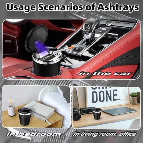 Image of Car Ashtray Smell Proof with Lid,Smokeless Ashtray for Car cup holder with Carbon Fiber Pattern, Portable Ash Tray Ceramic Inner Wall with LED, Men's Gift for Travel, RV,Outdoor,Home