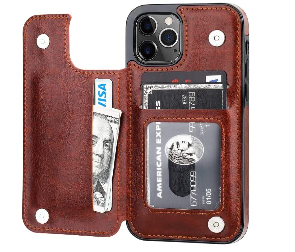 Capa Carteira de Couro Sintético Para iPhone 12 e12 Pro - Tela 6.1 (Marrom)