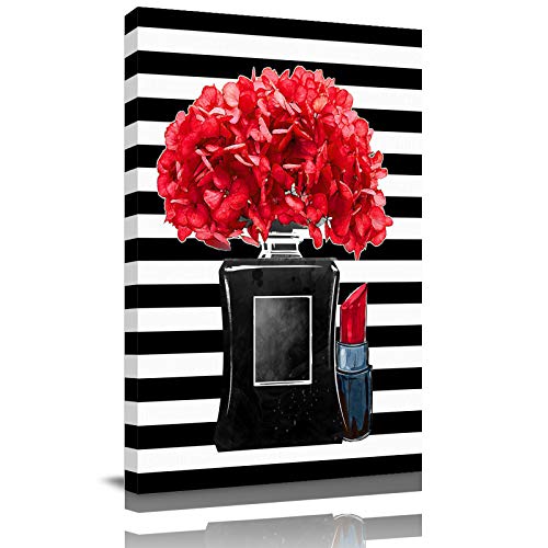 Litter Star Picture Canvas Wall Art Prints Red Lipstick Flower Blooming Vase Home Decor Painting Artworks Ready to Hang for Living Room Bedroom Bathroom Black and White Stripe 16x24in