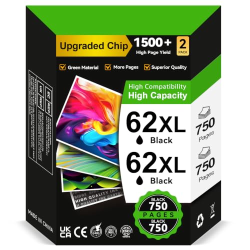 Tinta 62 XL Negro- 2X 750 Páginas, Reemplazo para Cartuchos Tinta HP 62 Negro Original, Tinta Impresora 62 XL Negra para OfficeJet 200 250 5742 5740 Envy 7640 5540 5640 5544 5646 5548 5545 5547 5541