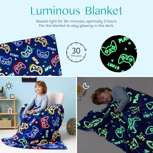 Joiedomi Glow in The Dark Gaming Blanket Gamer Gifts for Boys Age 2 3 4 5 6 7 8 9 10 11 12 Year Old, Soft Cozy Flannel Kids Throw Blanket, Birthday Bedroom Decor Dark Blue 50"×60"