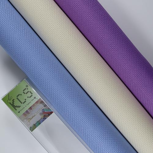 Image of KCS 3 pc of 15 inch x 18 inch(38cmx45cm) Counted Cross Stitch Cotton Aida Cloth Needlework Rolled Fabric Box,14CT,Cream+Light Blue+Lavender