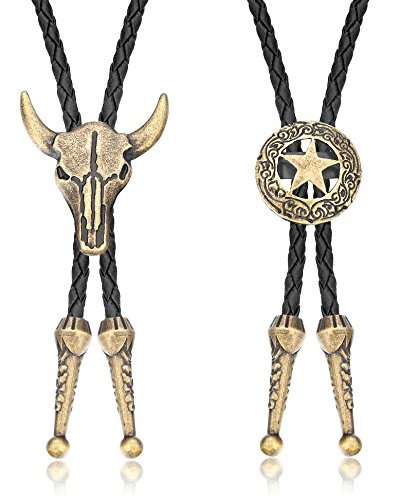Thunaraz Leather Tie Necktie Cow Skull Texas Ranger Star Chain for Men Gold-Tone