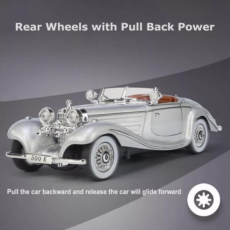 Image of 1:24 Benz 500K Toy Car Model, Diecast Collectible Pull Back Model Car with Sound and Light, Retro Classic Car Toy Gift Vehicles for Adults, Kids, Boys, and Girls (Silver)