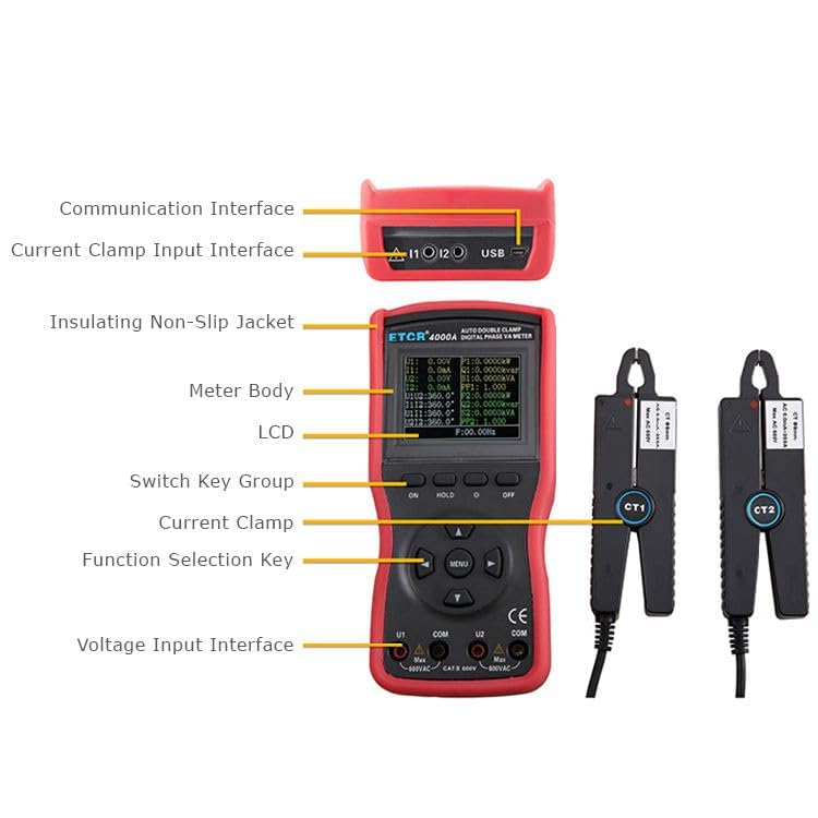 Intelligent Double Clamp Phase Voltmeter Phase Volt-Ampere Meter Tester with Voltage Range AC 0.00V～600V Current Range AC 0.0mA～20.0A Phase Range 0.0°～360.0°