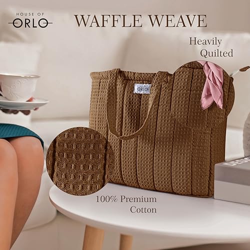 Image of Premium Cotton Waffle Quilted Tote Bag, Large Spacious Handbag for College, Office, Work, Travel, Shopping & Daily Use