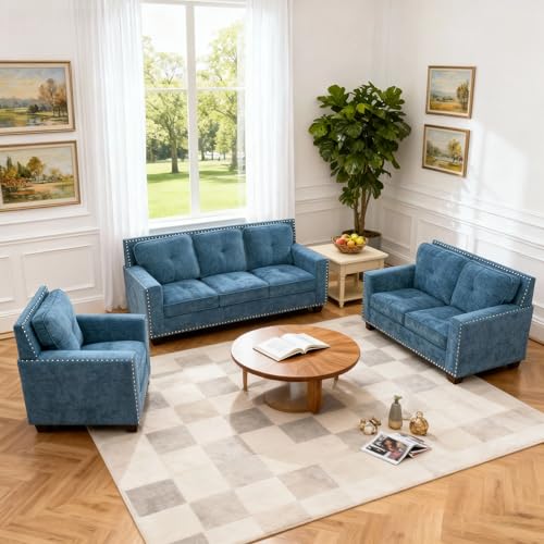Image of Sofa and Loveseat Set, Linen Living Room Set with Nailhead Trim, 3 Piece Living Room Furniture, Modern 3-Seater Sofa + 2-Seater Loveseat + Accent Chair Sets, for Home Office, Blue