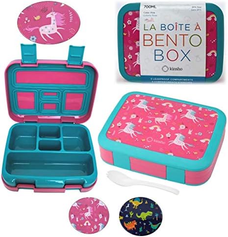 Unicorn Bento Lunch Box for Girls Toddlers, 5 Portion Control Sections, BPA Free Removable Plastic Tray, Pre-School Kid Toddler Girl Daycare Lunches, Snack Container Ages 3 to 7 Pink