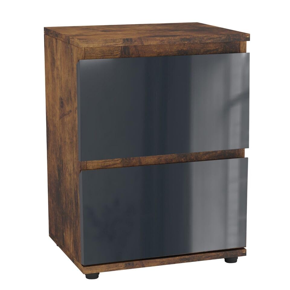 URBNLIVING 49cm High Gloss Bedside Table 2 Drawers Bedroom Storage Cabinet with Smooth Metal Runner Modern Dresser Bedside Chest of Drawers for Bedroom Living Room Office (Rustic Brown & Grey)