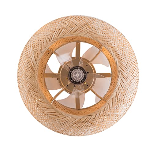 Ventilador de techo de ratán trenzado con motor ajustable de 6 niveles, función de tiempo, mando a distancia y diseño decorativo de jaula para hogares modernos y rústicos