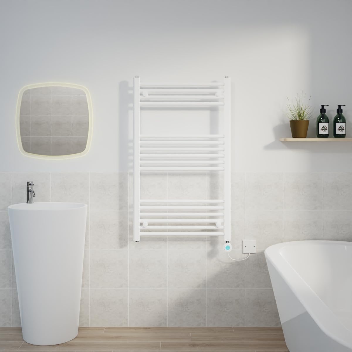 Warmehaus 600W Electric Thermostatic Heated Towel Rail Bathroom Radiators Straight with LCD Display Timer White 1000x600mm