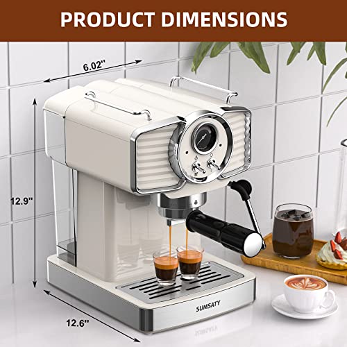 Sumsaty Espresso Coffee Machine 20 Bar, Retro Espresso Maker With Milk Frother Steamer Wand For Cappuccino, Latte, Macchiato, 1.8L Removable Water Tank, Etl Listed, Coffee Spoon, Vintage White #TOP7