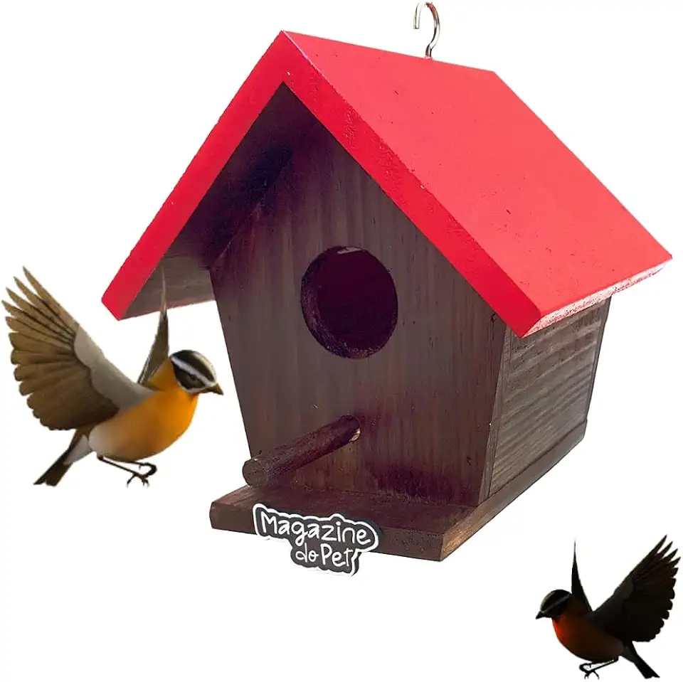 Casinha de Pássaros em Madeira, Telhado Vermelho, Decoração para Jardim, com Ganchos para Pendurar