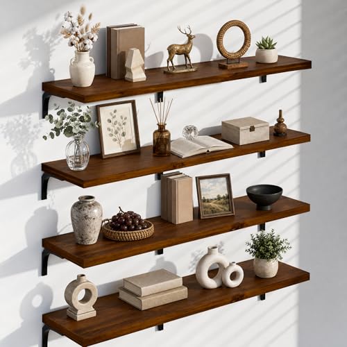 Image of 12 Inch Deep Floating Shelves Set of 4, 60 Inch Extra Long Walnut Solid Wood Wall Shelves, 5ft Heavy Duty Farmhouse Wall Mounted Shelving for Kitchen, Living Room & Bedroom