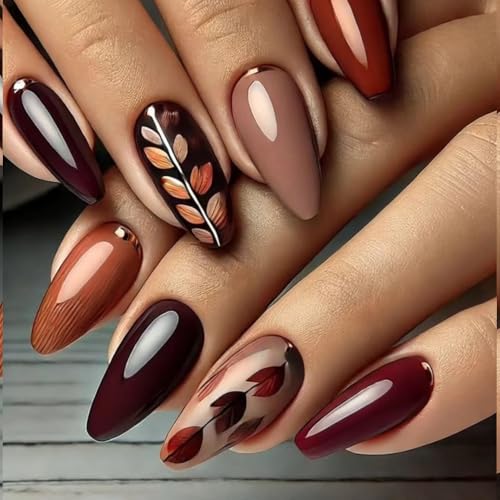 24Pcs Fall Press on Nails Almond Medium Fake Nails with Maple Leaves...