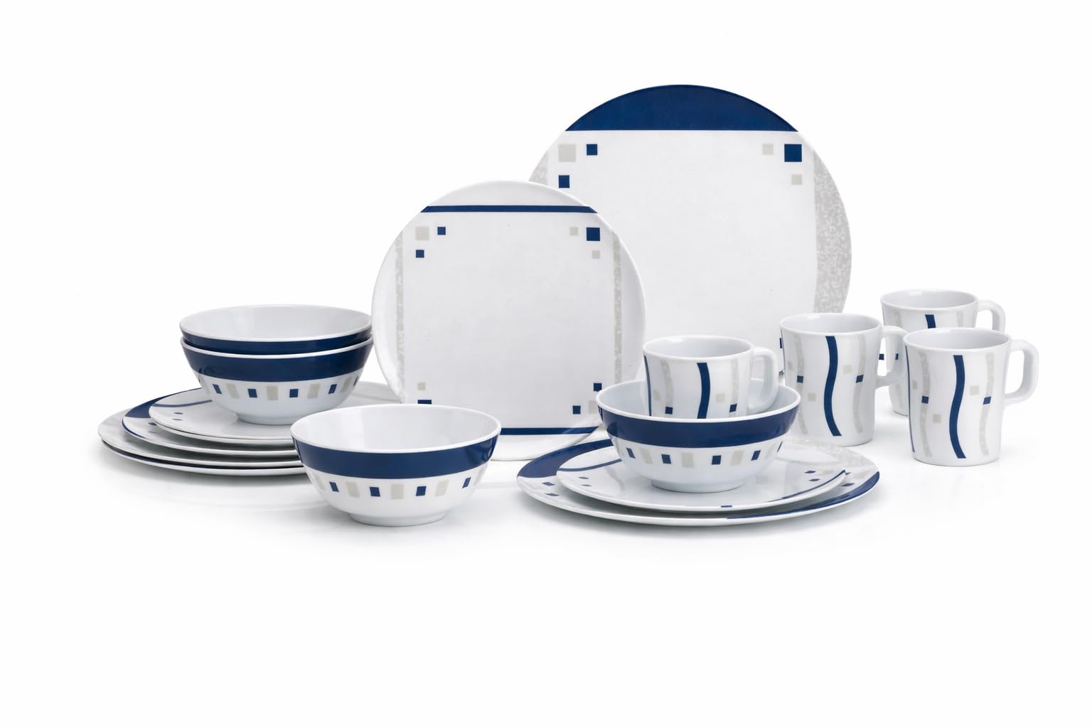 Melamin Campinggeschirr Set [Cubic blue] für 4 Personen – 16-teilig – bruchsicher, BPA-frei – ideal für Camping, Outdoor & Wohnmobil