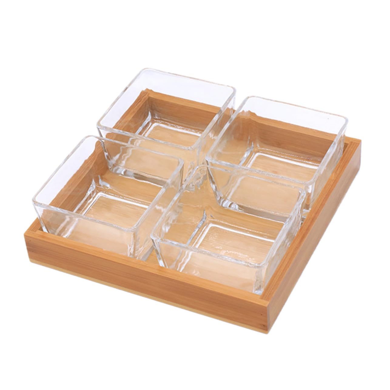 BESTYASH Unterteilter Glas Snackteller mit Holzhalter, 1 Satz | Nüsse und Snacks, Geordnete Fächer, Glas und Holz im Kompakten Format Zufällige Farbe