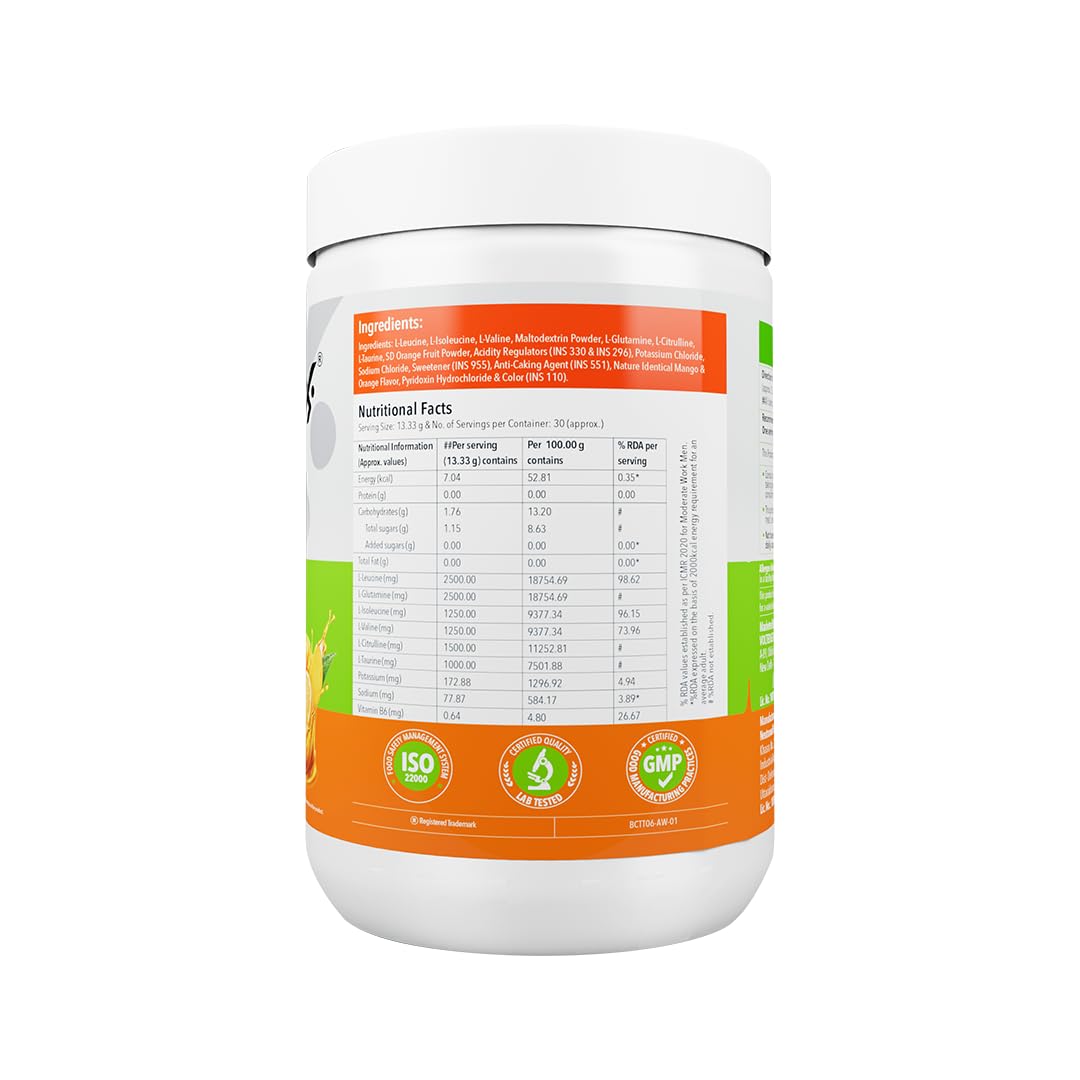 Proathlix BCAA Supplement | With Leucine, Isoleucine, Valine, Glutamine, Taurine | Supports Muscle Recovery, Endurance & Hydration | Intra & Post Workout | 30 Servings (13.33g) | Tropical Twist | 400g — Amazon image 3