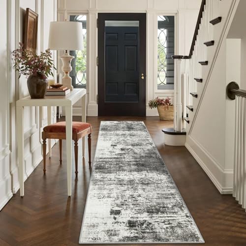 2'6''x8' Runner Rugs Washable Rug: Modern Abstract Hallway Runner Rug Indoor Soft Low Pile Thin Carpet Anti-Skid Non-Shedding Carpets for Kitchen, Entryway, Laundry, Bedroom - Black Grey