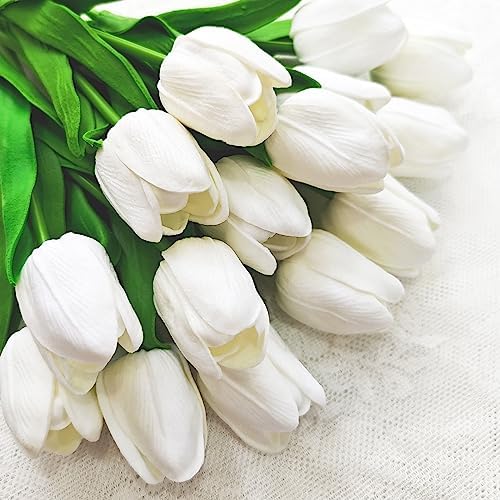 tallkeey 15 Pcs White Artificial Tulip Flowers Real Touch Fake
