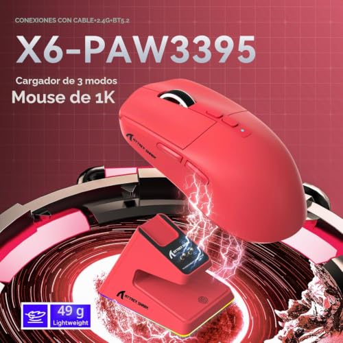 Ratón ATTACK SHARK X6 con base de carga magnética rojo para PC 2