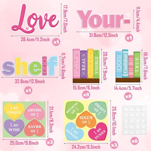 BeYumi Valentines Bookshelf Bulletin Board- 50Pcs Valentine\'s Day Love Your-shelf Hearts Bulletin Board Set Inspirational Books Heart Cutouts Border Trim School Classroom Library Wall Party Decoration - Thumbnail 2