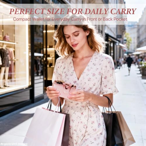 Image of furid Small Card Wallet Women: Rfid Leather Smart Pop Up Wallets, Cherry Pink, minimalist wallet, Bifold | Ladies Mini Card Holder Slim Minimalist with Zipper Coin Pocket ID Window - Gifts for Wife Mother on Anniversary Birthday