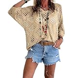 OLYGEE Womens Crochet Tops for Women Summer, Bohemian V Neck 3/4 Sleeve Beach Cover Up, Boho Cruise Outfit (#D,M)