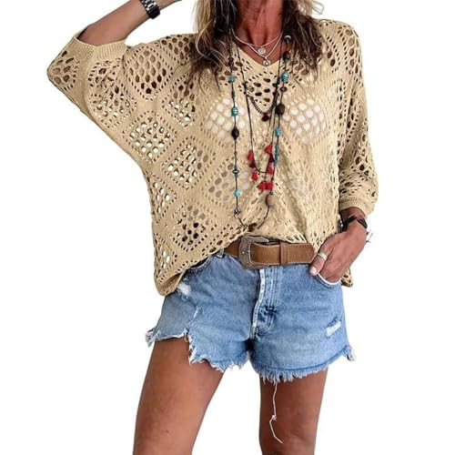 Image of OLYGEE Womens Crochet Tops for Women Summer, Bohemian V Neck 3/4 Sleeve Beach Cover Up, Boho Cruise Outfit (#D,M)