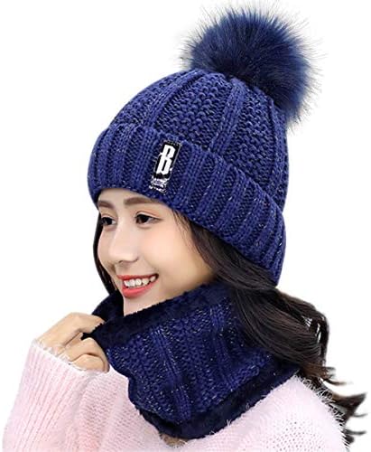 HIDARLING Winter Beanie Hat and Circle Scarf Set for Women Warm Knitted Hat with Faux Fur Bobble Pom Pom and Fleece Lining, Outdoor Sports Hats
