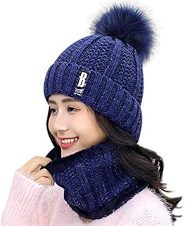 HIDARLING Winter Beanie Hat and Circle Scarf Set for Women Warm Knitted Hat with Faux Fur Bobble Pom Pom and Fleece Lining, Outdoor Sports Hats
