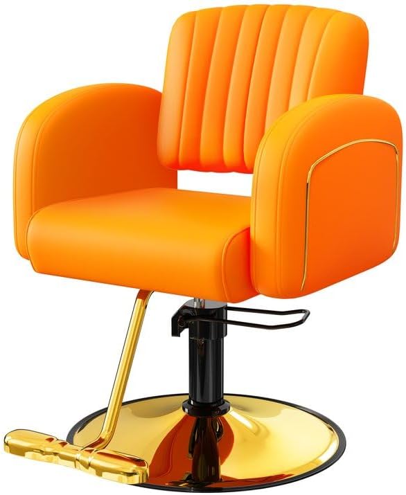  Professional Orange & Gold Salon Chair, Luxury Hydraulic Styling Chair with Soft PU Leather, High-Density Foam Cushion, 360° Swivel, Stainless Steel Frame, Ergonomic Design, 330 lbs Capacity