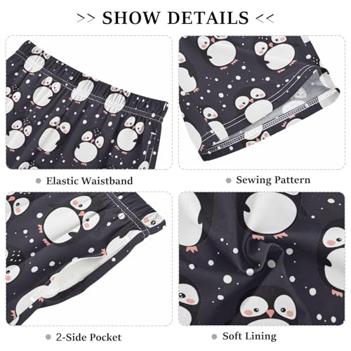 ALAZA Cute Penguin Black Cartoon Pajama Shorts Elastic Waist Casual Sleep Shorts with Pockets Size 6-143
