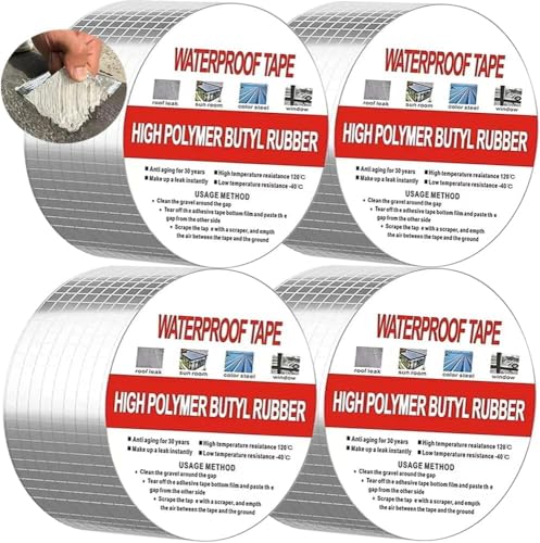 KBZONE Waterproof Repair Tape for Pipe Leakage Roof Water Leakage Solution Aluminium Foil Tape Waterproof Adhesive Sealing Butyl Rubber Tape for Surface Crack 2 inch*5M (Pack of 4)