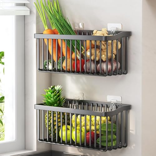 LecuSyn 2 Pcs Fruit Basket Wire Baskets, Fruit and Veggie Storage Basket Holder for Kitchen Wall Mounted,Kitchen Organizers and Storage for Snack Onion Potato(Black)